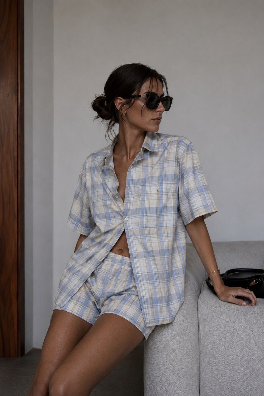 Vintage Christian Dior Logo Blue Plaid Short Sleeve Button Down Shirt Medium
